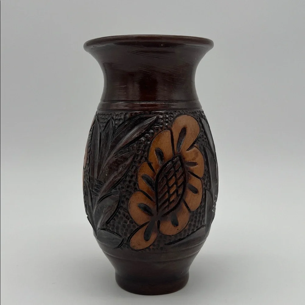 Vintage Handcrafted Korond Pottery Brown Floral Vase Transylvania ~ 7 Inches